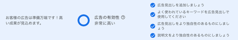 Google広告の管理画面内、アセットの詳細「広告の有効性」エリア